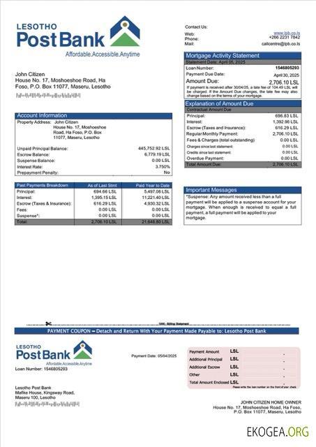 Modèle Word et PDF de relevé hypothécaire de la Lesotho Post Bank